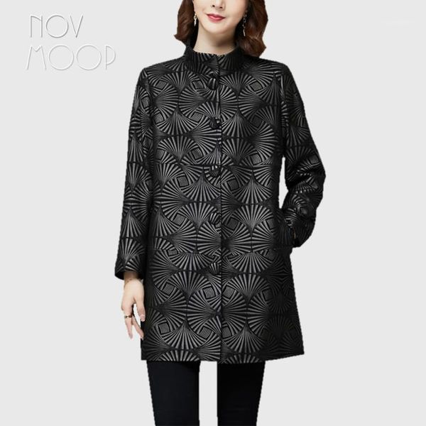 

novmoop printed sheepskin genuine leather women coat for daily formal dressing fan pattern veste de cuir lt3487 women's & faux, Black