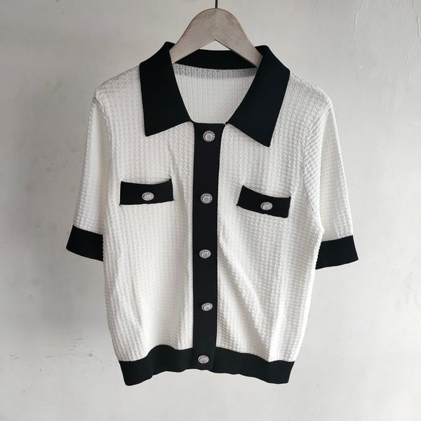 

320 2021 Summer Brand Same Style Short Sleeve Lapel Neck Kint White Black Sweater Women Clothes yiduo
