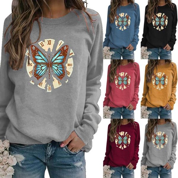 

ladies pullover leisure fashionable butterfly clock printing multicolor fashion round neck women sweatshirt 1pcs women's hoodies & swea, Black