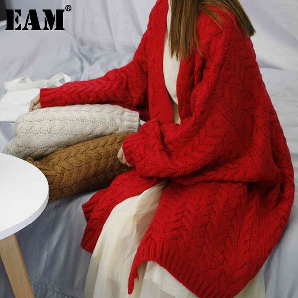 

[eam] red brief big size knitting cardigan sweater loose fit v-neck long sleeve women fashion autumn winter 1y200 210512, White;black