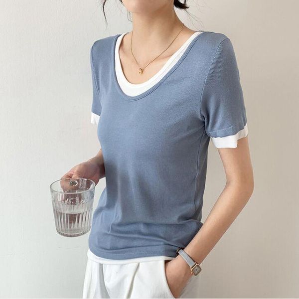 

women's t-shirt summer tees girls o-neck short sleeve connected t-shirts patched chic one-piece soft tshirt real pos, White