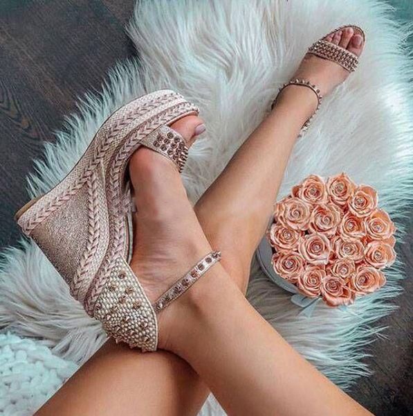 

luxury design spikes lady red bottom wedge sandals madmonica platform sandal ankle strap studs women high heels evening wedding dress, Black