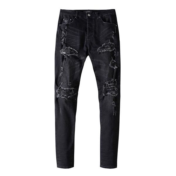 

men's jeans fashion male design style black cut ripped holes pattern patch stretch slim fit denim pants, Blue