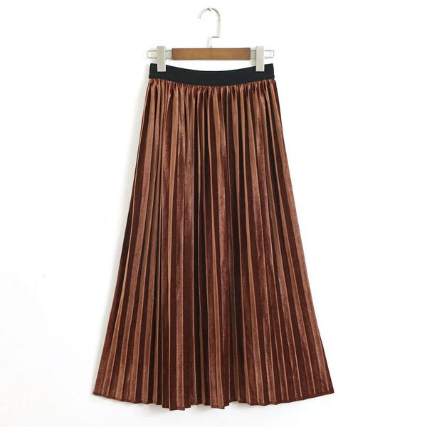 

black brown camel elastic waist midi velvet skirt pleated ruched solid winter autumn casual s0092 210514