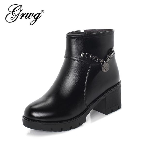 

boots grwg female ankle winter 2021 genuine leather women booties thick wool warm fashion high-heeled dress, Black