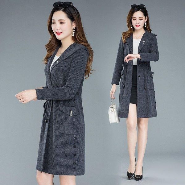 

women's trench coats windbreaker long-sleeve neckline with hood, slim knitted sweater, simple belt, autumn jacket thin western style ca, Tan;black