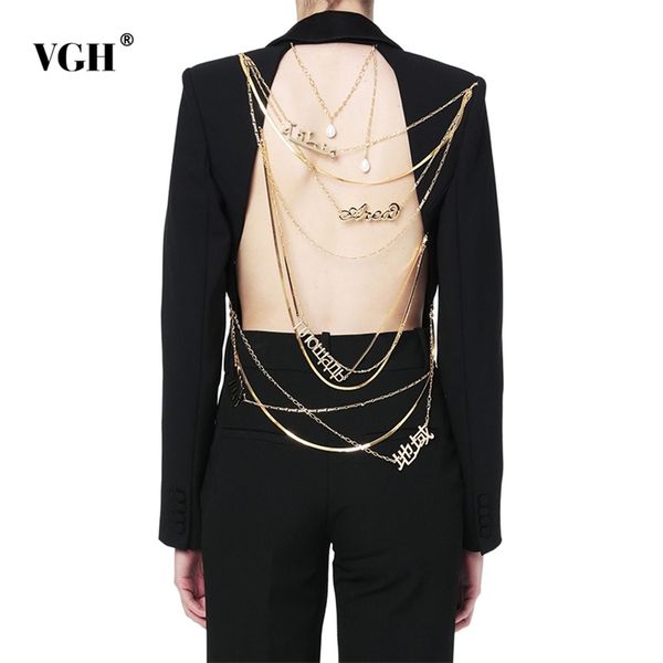 

asymmetric blazer for women notched collar long sleeve backless sequined chains designer coats female fashion 210507, White;black