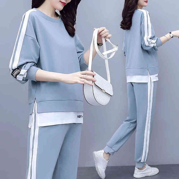 

2021 spring and autumn new korean sports suit fashion leisure age reduction thin solid color sweater pencil two-piece set, Gray