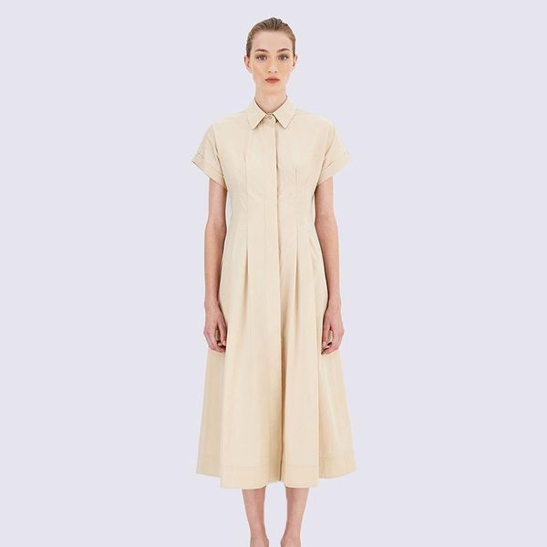 

two piece dress nanyou 2021 summer cotton lapel pleated waist solid color medium length niche design, White
