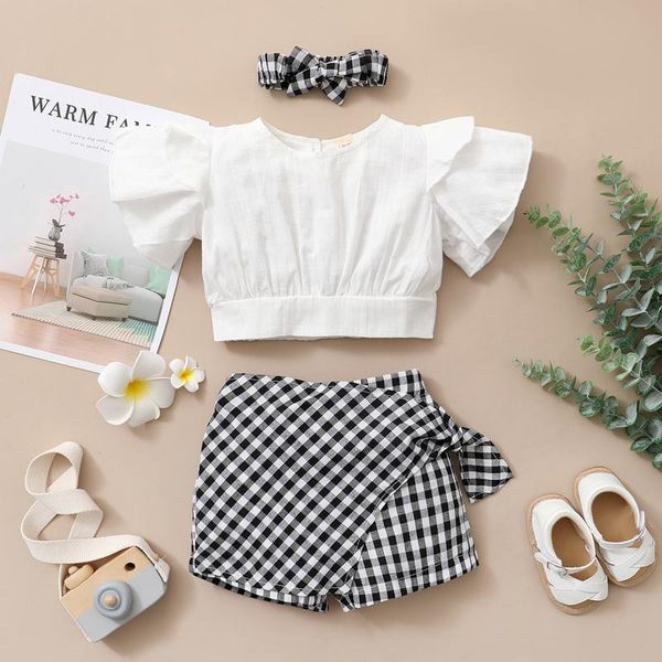 

toddler baby girls ruffles solid +striped printed shorts headbands outfits children's sets clothing, White