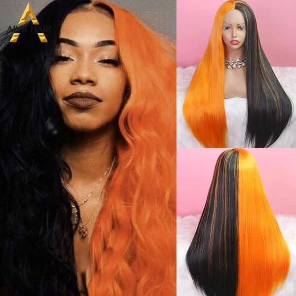 

synthetic wigs aiva heat resistant wig long half black orange lace front glueless cosplay ombre blonde for women