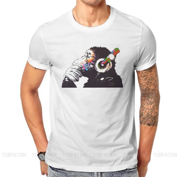 

men's t-shirts music art tshirt for men banksy dj monkey thinker soft casual sweatshirts t shirt novelty design loose, White;black