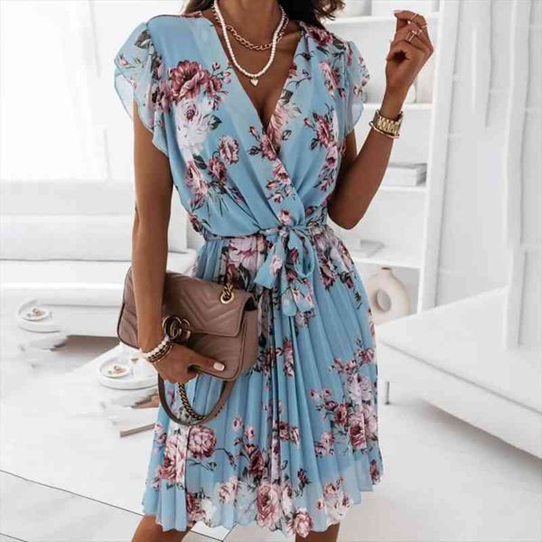 

fashion summer short sleeve women dress loose casual v-neck flying sleeves waist floral print pleated dress robe femme, Black;gray