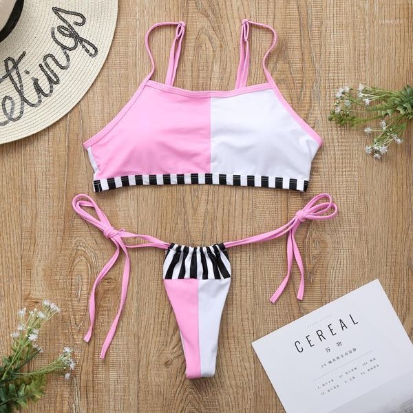 

trendy women lady padded push-up solid color stripe splicing sling bikini set swimsuit bathing suit swimwear beachwear1