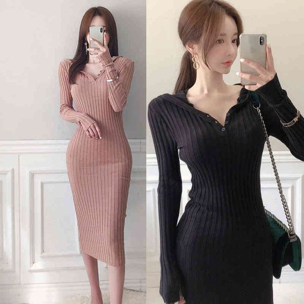 

jxmyy winter new korean casual temperament hooded knitted slim-fit hip sweater bottoming dress 210412, Black;gray