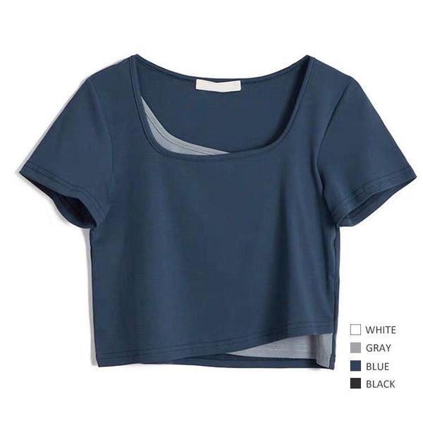 

women's t-shirt [the effect of two real front pieces]line navy, high waist straight short sleeve collar, White