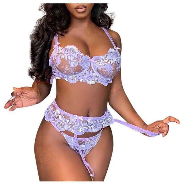 

nxy set women' flower embroidery lace hollow see through underwear three piece suit erotic costume two exotic 2022 1222, Red;black
