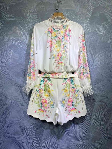 

australia spring lace stitching stand collar printed beaded + shorts set, White