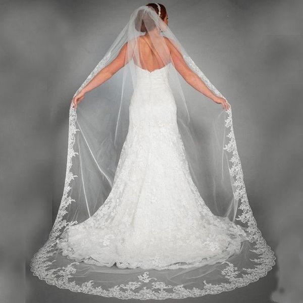 

bridal veils elegant wedding accessories appliques tulle long cathedral lace edge 1t 3 meters veu de noiva longo, Black