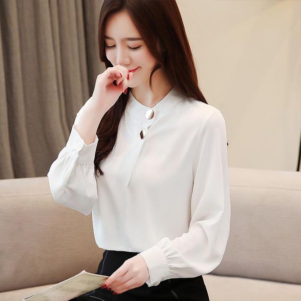 

women's blouses & shirts women 2021 white blouse solid stand long sleeve ladies