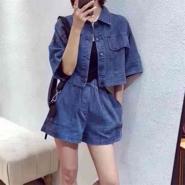 

korean women 2 piece set summer denim chic single breasted casual coat + elastic waist shorts suit outfits 210519, White