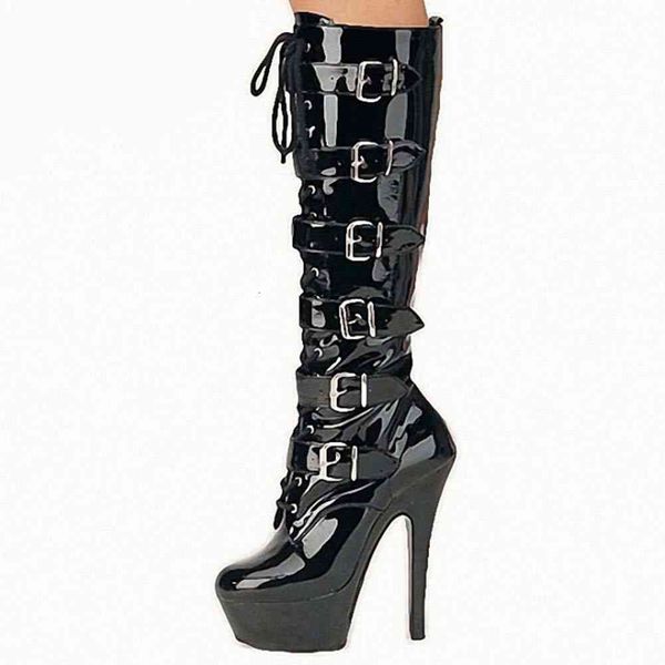 

boots girl punk cool buckle party shoes platform mid calf women solid lace up boots, Black
