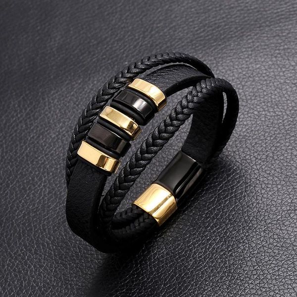 

charm bracelets black men bracelet leather fashion stainless steel magnetic genuine braided punk rock bangles jewelry accessories frien, Golden;silver