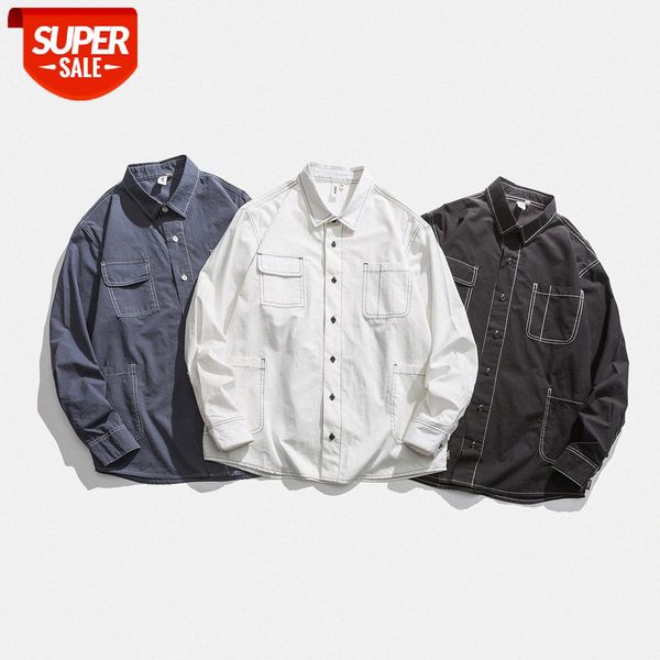 

autumn men's japanese loose casual couple long-sleeved shirts hong kong style open-line tooling shirt #ul4c, White;black