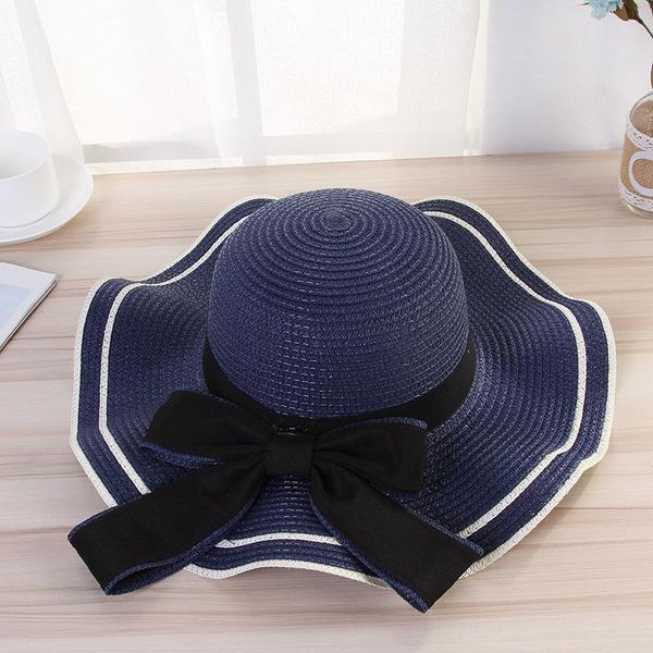 

wide brim hats summer women's boater beach hat side female casual panama lady classic flat bowknot straw sun women fedora gift, Blue;gray
