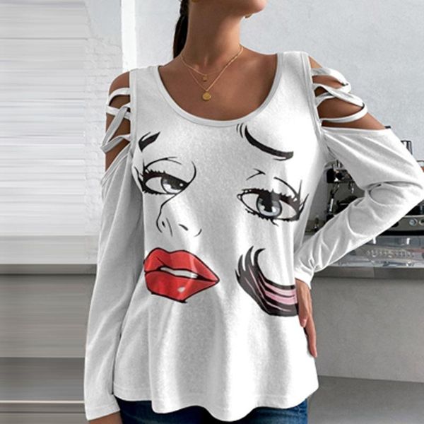 

women's blouses & shirts off shoulder criss cross hollow out shirt 2022 spring abstract face print women and autumn o neck office, White