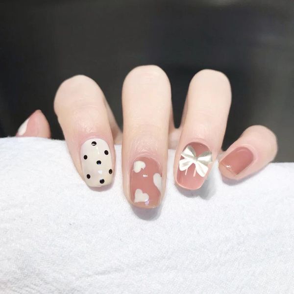 

false nails jelly gel 24 pcs set pink artificial fingernail fake nail with designs polkadot short square press on korean oval jp1822, Red;gold