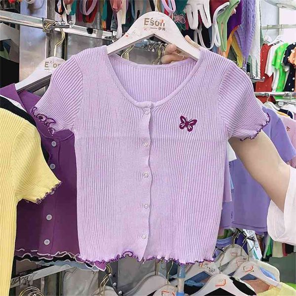 

women's knit short-sleeved t-shirt outside summer korean short butterfly wild slim thin tees female gd362 210506, White
