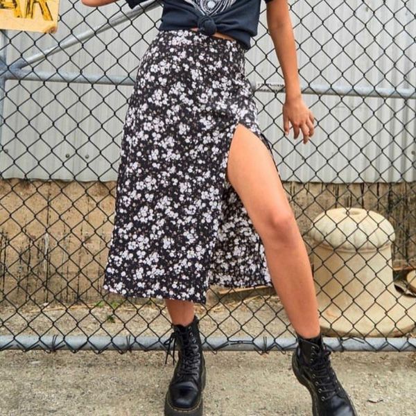 

summer high waist wraps womens skirts fashion casual split beach midi leopard flower printed female side open, Black
