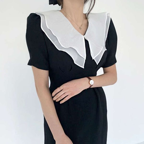

casual dresses dress women clothestemperament elegant double layer doll collar receive waist show thin short sleeve back split bu 34a0, Black;gray