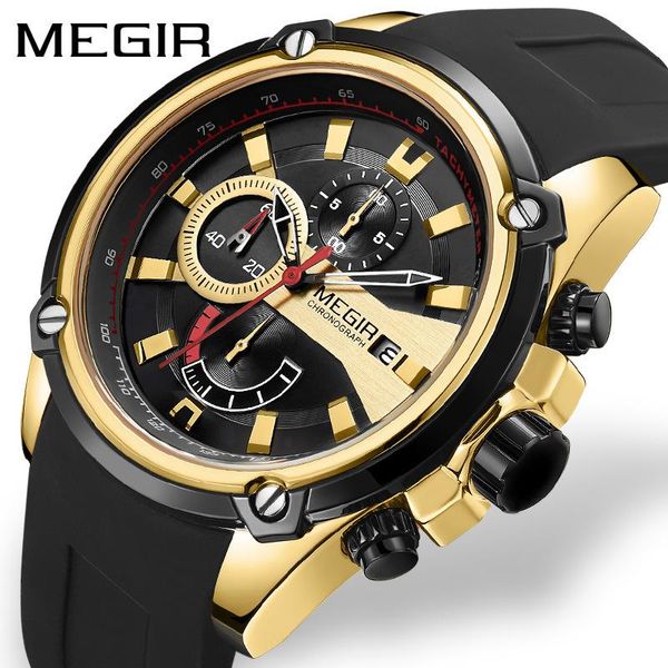 

wristwatches megir 2086 gold men watch sports silicone quartz stylish genuine leather strap chronograph luminous gift, Slivery;brown