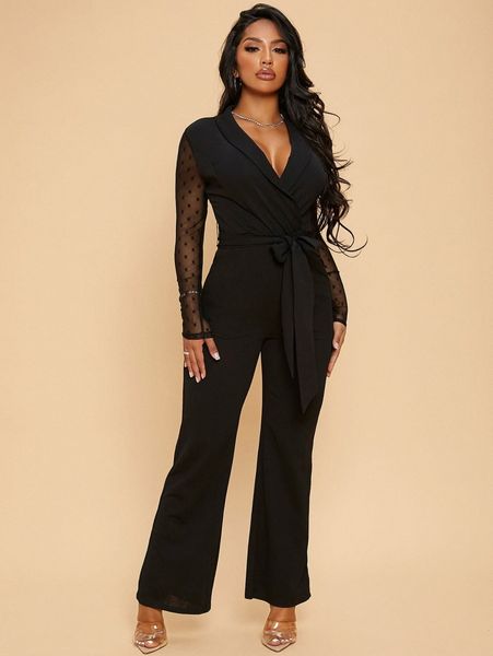 

shawl collar dobby mesh sleeve belted jumpsuit 84s9#, White