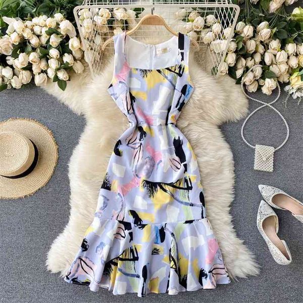

summer sleeveless dress for women elegant square collar graffiti print high waist ruffles slim party vestidos 210603, Black;gray
