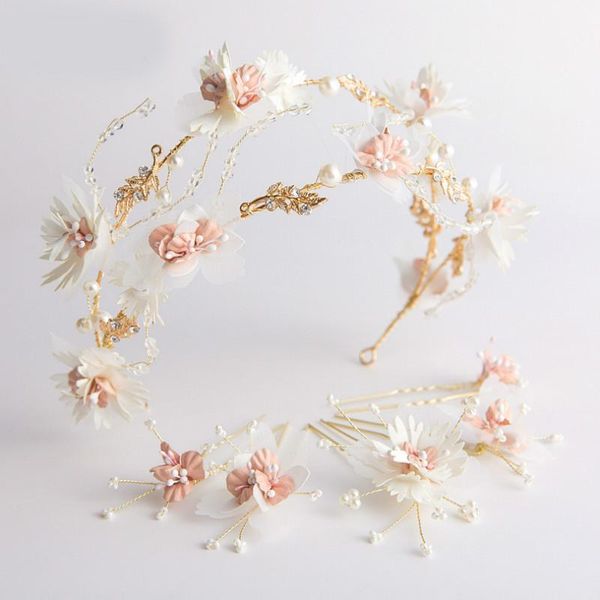 

hair clips & barrettes pink floral crown headband and hairpins color hairband flower tiara wedding bridal accessories women jewelry, Golden;silver