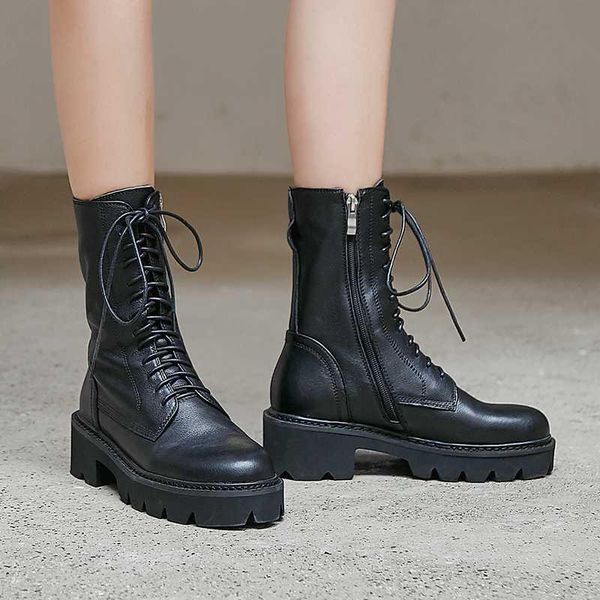 

full grain leather round toe cross-tied med heels lace up big size handsome girl keep warm mid-calf boots l33, Black