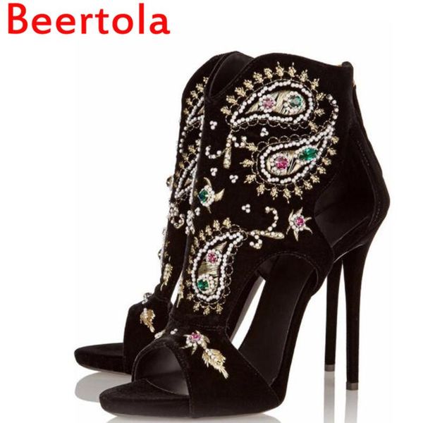 

brand beertola flock women's high heels peep toe rhinestone embroidered retro sandals behind zipper chaussures femmes big size, Black