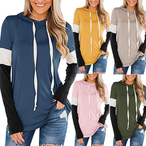 

women's hoodies & sweatshirts 40#women autumn casual long sleeve patchwork pullover hoodie drawstring solid elegant basic brief, Black