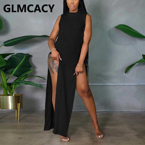 

women o-neck sleeveless slit maxi loose style dress 210702, Black;gray