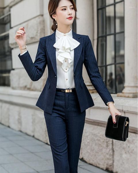 

women's two piece pants suits & blazers women formal suit for work fashion stripe blazer jacket set office lady, White
