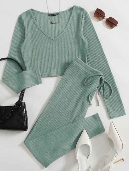 

ribbed v-neck tee & drawstring leggings set k8tf#, White