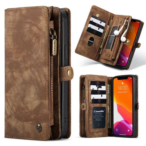 Brieftaschen-Hülle, super handgefertigtes Leder mit Reißverschluss, abnehmbarer Magnet, 11 Kartenfächer, Handyhülle, Clutch-Geldbörse für iPhone 12 Pro Max 12 Mini 5,4 11 6,1 XS MAX XR iPhone 6/7/8 Plus