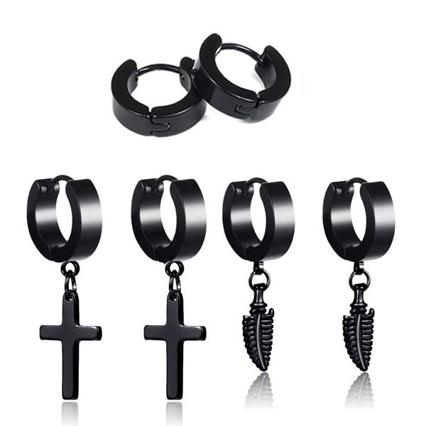 

hoop & huggie 3 pairs black cross feather earrings set for men women boy punk rock stainless steel hip hop jewelry accessories, Golden;silver