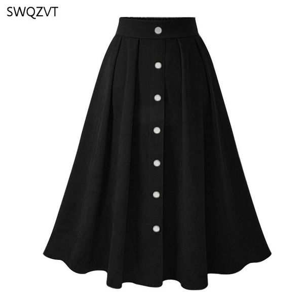 

skirts fashion a-line solid color women skirt elegant high waist single-breasted slim midi ladies pleated, Black