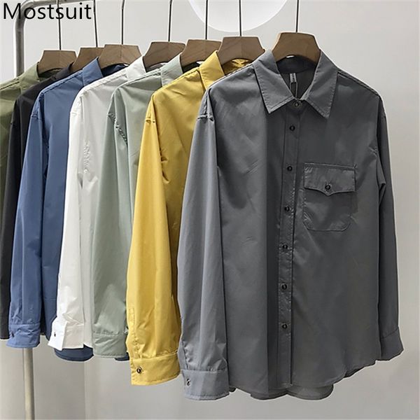 

stylish korean women shirt full sleeve single breasted pocket casual fashion vintage female blusas mujer 210514, White