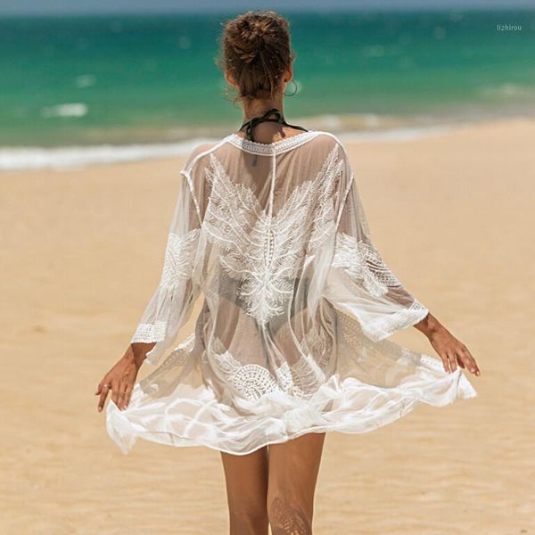 

women's swimwear 2021 women swimsuit beach cover ups female tunic dress robe de plage solid white pareo dresses, White;black