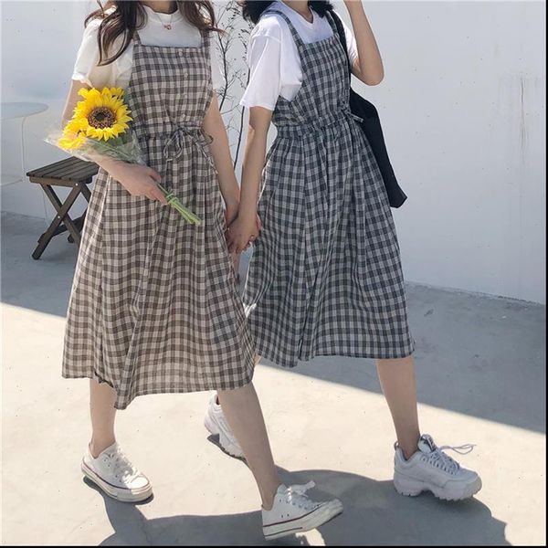 

womens dresses summer spaghetti strap plaid dress high waist sleeveless long women casual loose kawaii lolita sundress, Black;gray